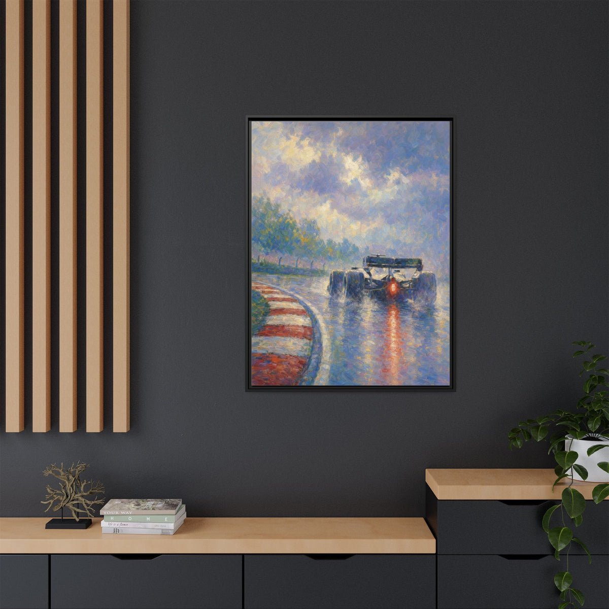 Impressionist F1 Wet Race Wall Art — Framed Matte Canvas