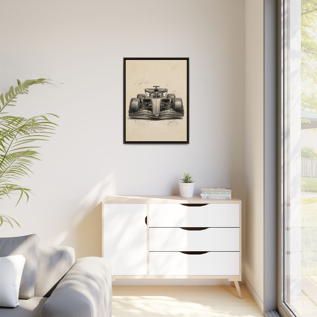Hand-sketched F1 Race Car Matte Canvas Print — Framed Motorsport Wall Art