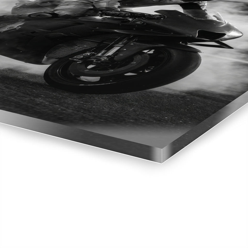 MotoGP Burnout Acrylic Print - Black & White Sportbike Wall Art (French Cleat Hanging)