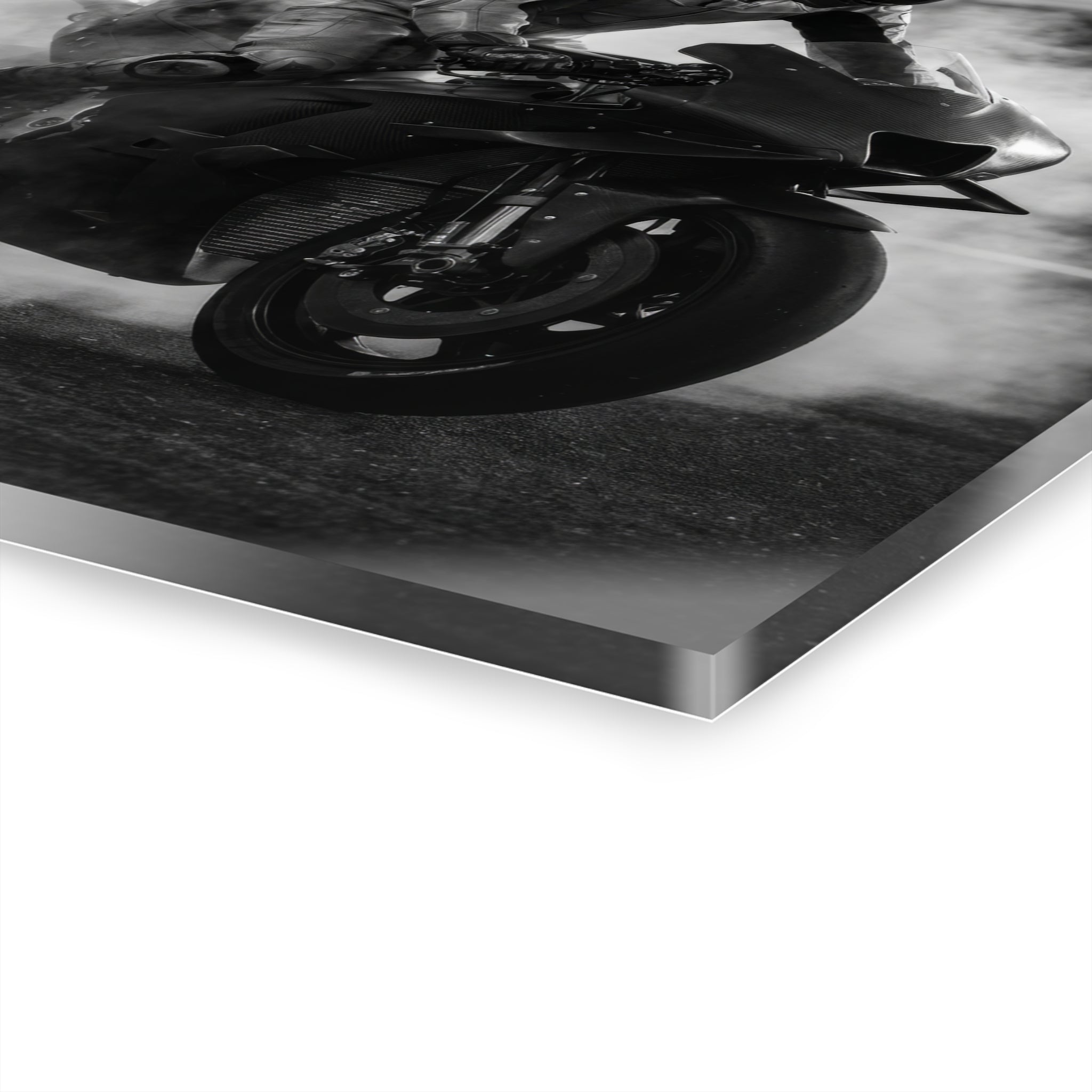 MotoGP Burnout Acrylic Print - Black & White Sportbike Wall Art (French Cleat Hanging)