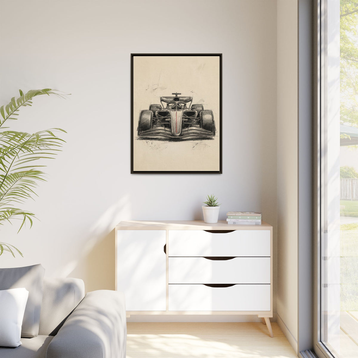 Hand-sketched F1 Race Car Matte Canvas Print — Framed Motorsport Wall Art