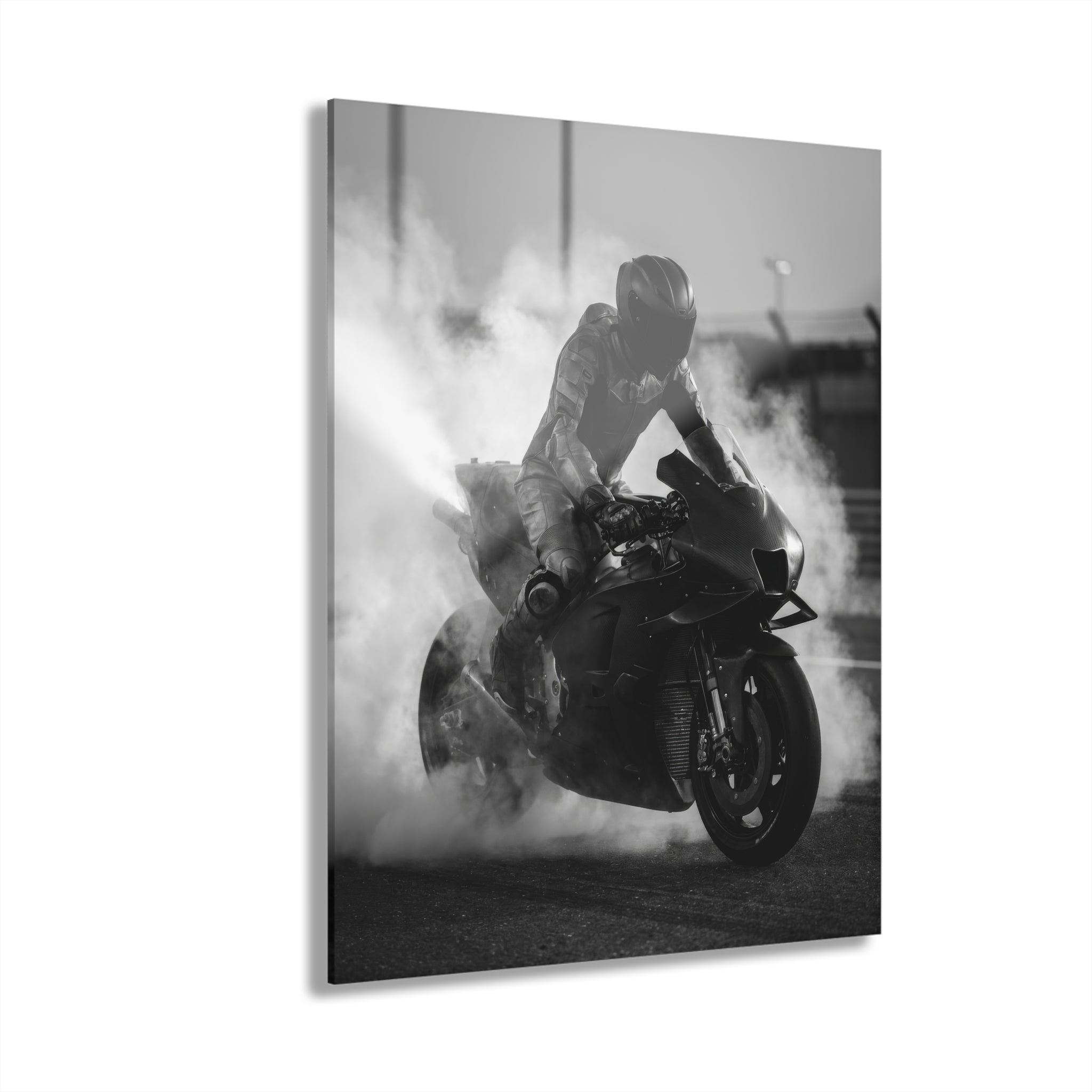MotoGP Burnout Acrylic Print - Black & White Sportbike Wall Art (French Cleat Hanging)