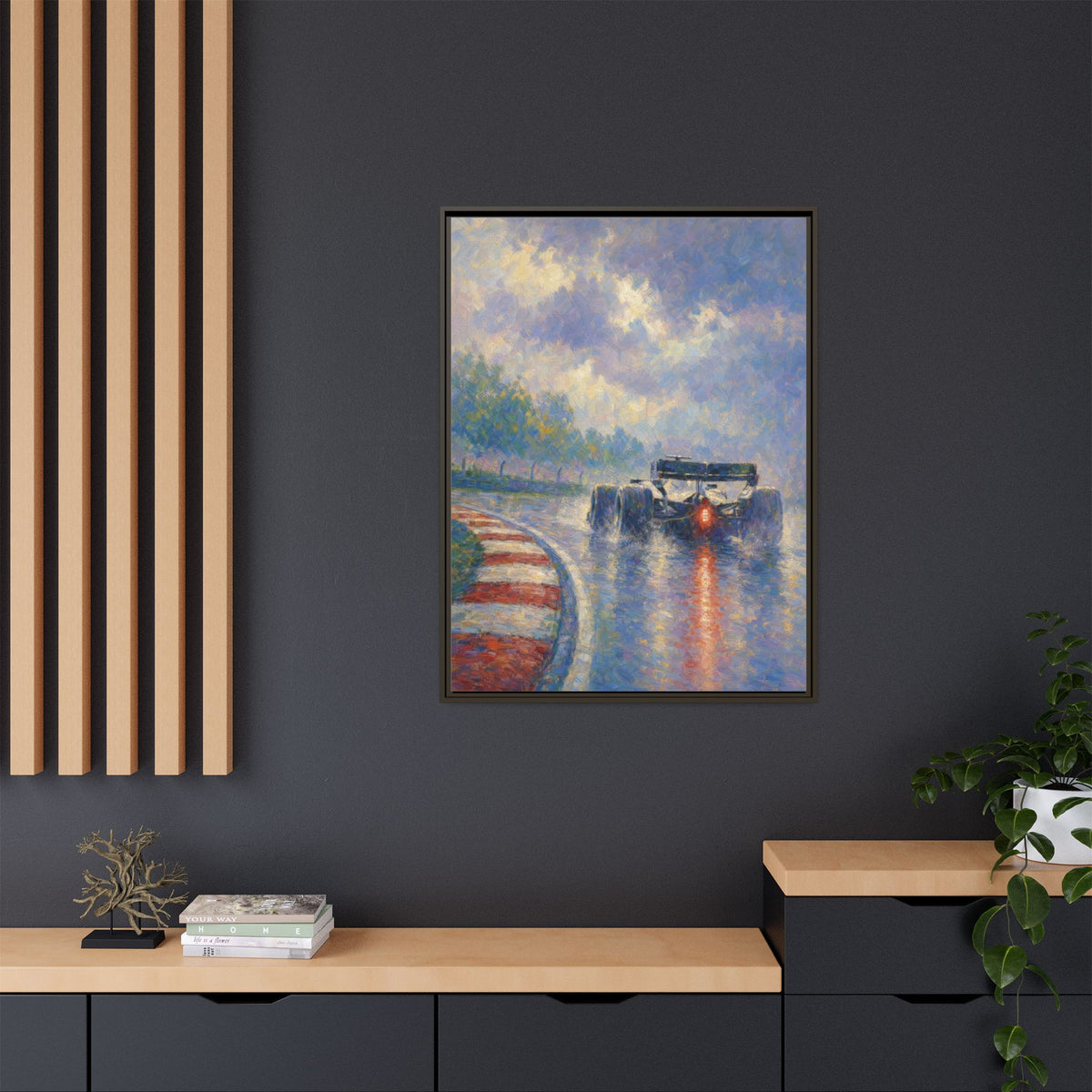 Impressionist F1 Wet Race Wall Art — Framed Matte Canvas