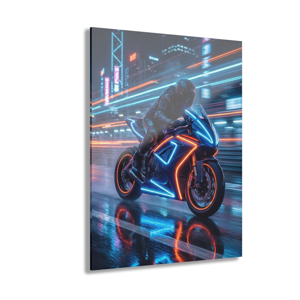 Neon Cyberbike Acrylic Print — Motorcycle Wall Art (French Cleat Hanging)