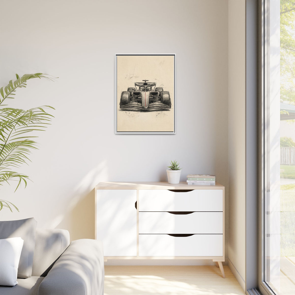 Hand-sketched F1 Race Car Matte Canvas Print — Framed Motorsport Wall Art