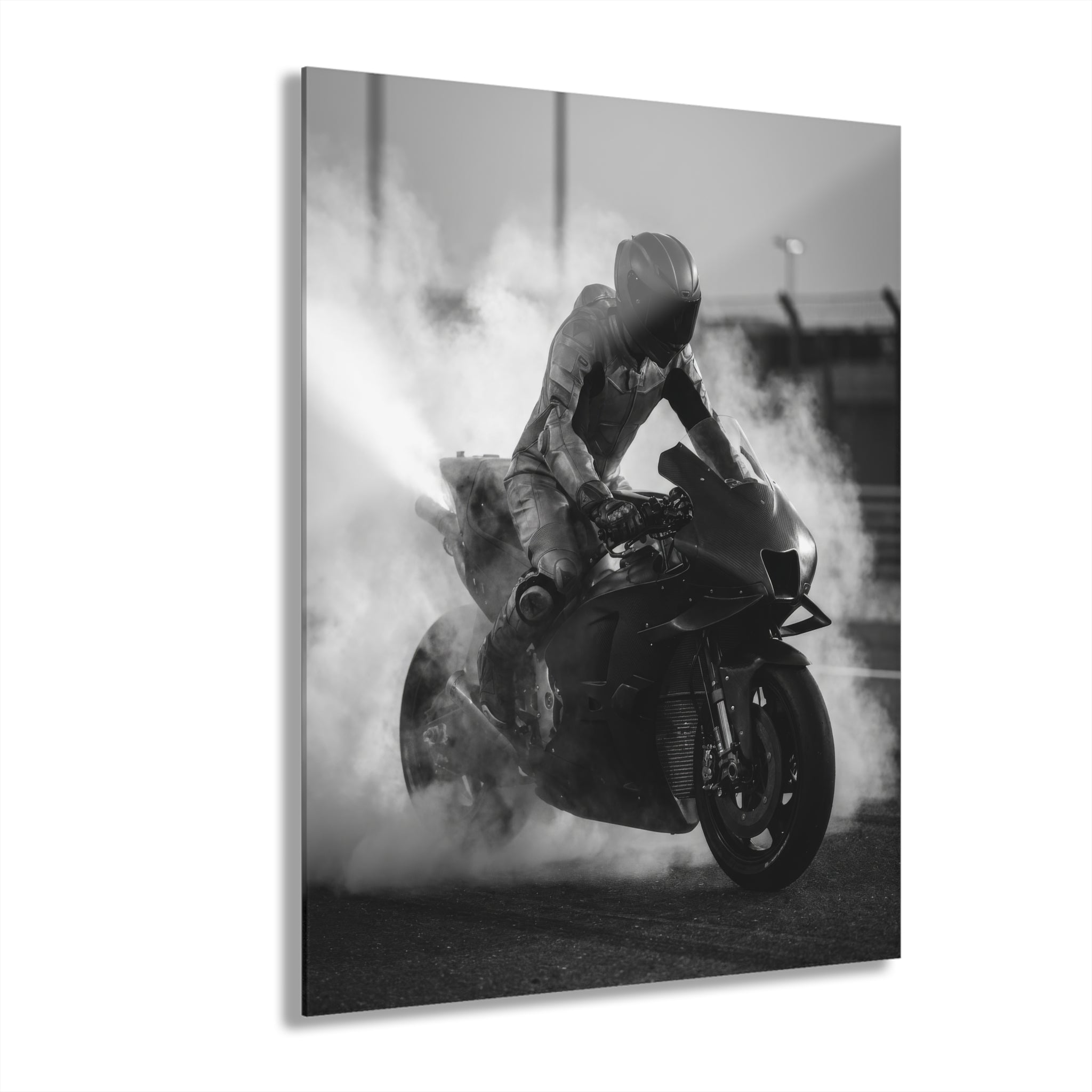 MotoGP Burnout Acrylic Print - Black & White Sportbike Wall Art (French Cleat Hanging)