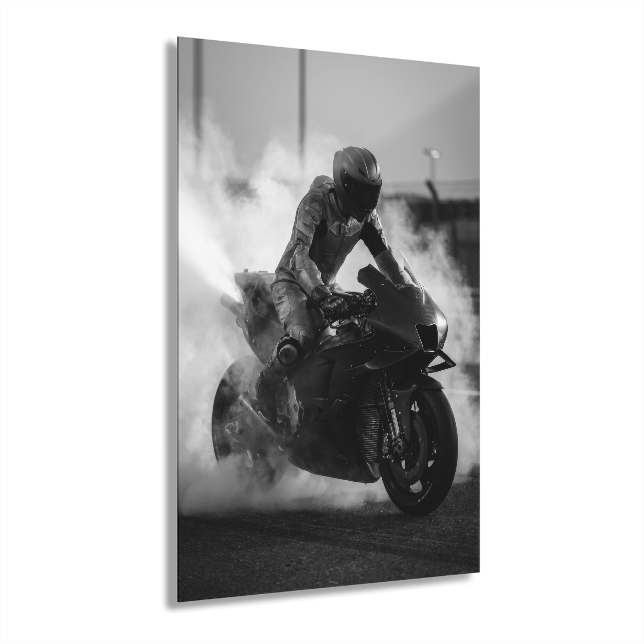 MotoGP Burnout Acrylic Print - Black & White Sportbike Wall Art (French Cleat Hanging)